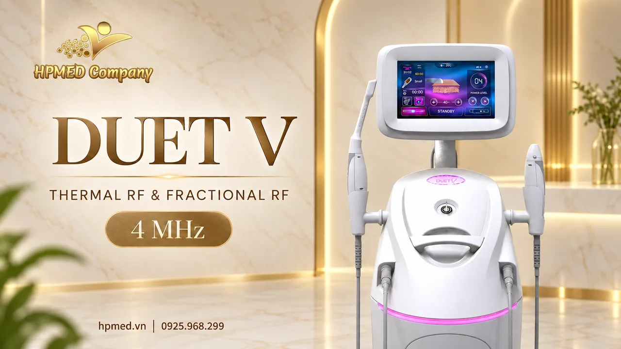 Máy Duet V Eunsung với màn hình và hai tay cầm RF trên thân máy trắng bạc