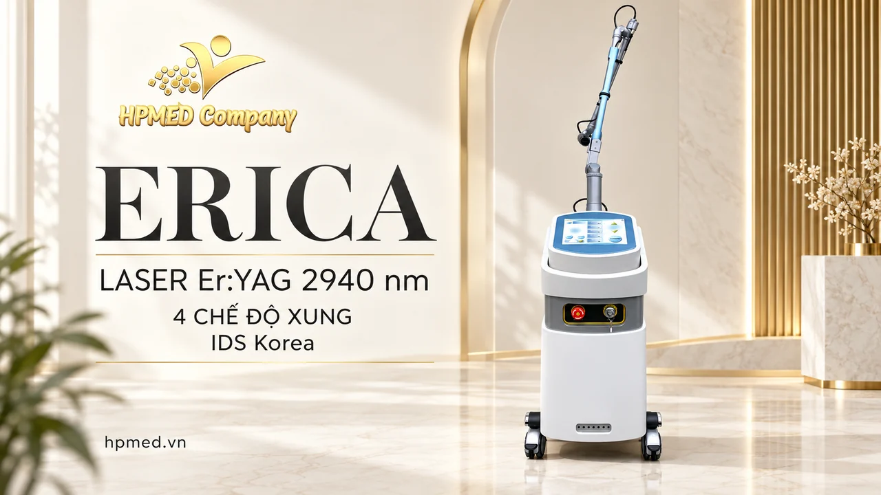 Máy laser ERICA IDS Er:YAG 2940 nm thân trắng, màn hình xanh và tay dẫn tia khớp nối, trong thiết kế HPMED
