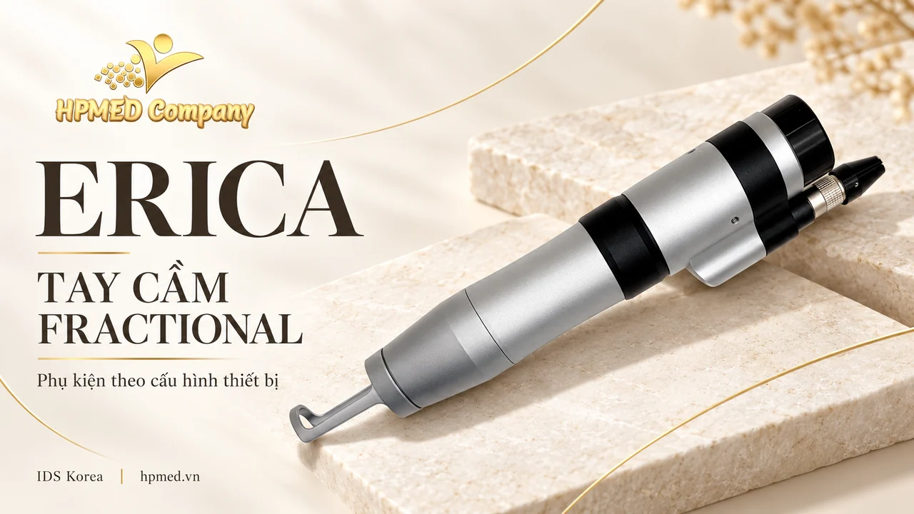 Tay cầm fractional ERICA IDS dạng trụ bạc, vòng đen và đầu định khoảng cách trên nền đá màu ivory