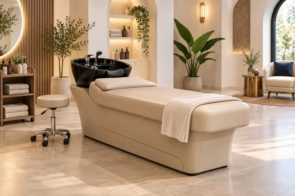 Giường gội đầu cho spa: Cách chọn và kiểm tra trước lắp đặt 7 Minh họa giường gội đầu spa tích hợp bồn gội và ghế kỹ thuật viên