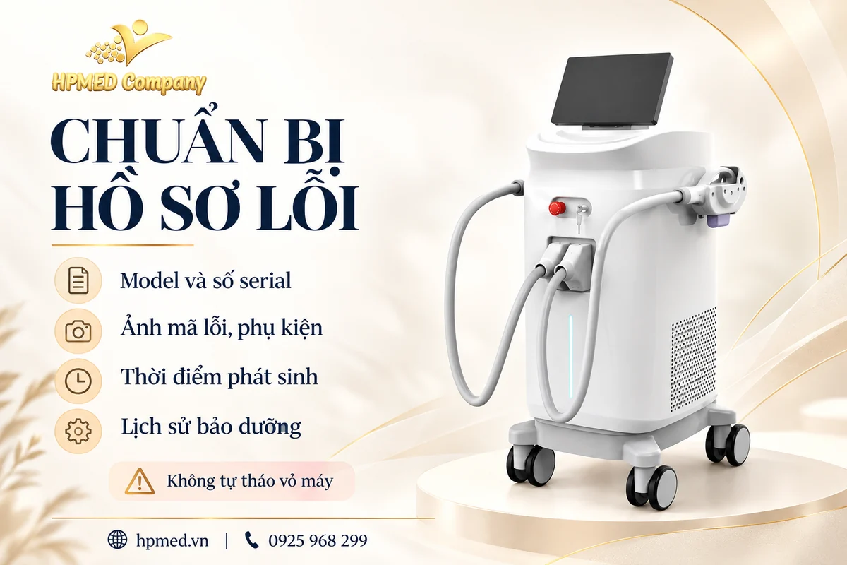 Hồ sơ báo lỗi thiết bị spa gồm model, serial, ảnh mã lỗi và lịch sử bảo dưỡng, minh họa bằng máy IPL Bilens D10