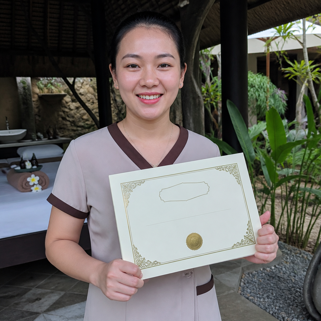Học viên nhận chứng chỉ hoàn thành khóa học gội đầu dưỡng sinh.