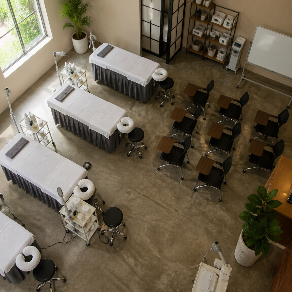 Học viên đang thực hành chăm sóc da trên thiết bị spa hiện đại trong lớp học
