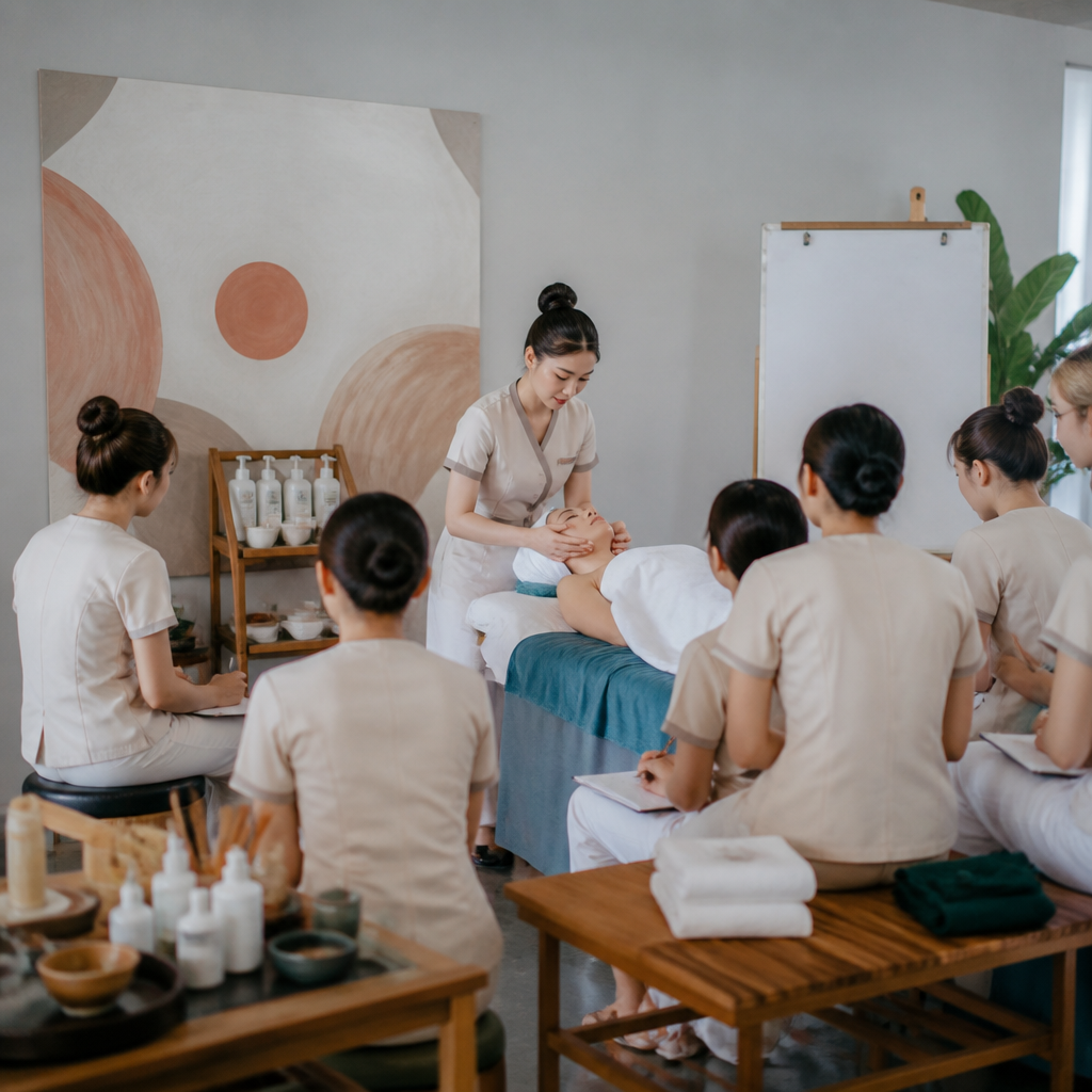 Học viên đang thực hành kỹ thuật chăm sóc da trên người mẫu