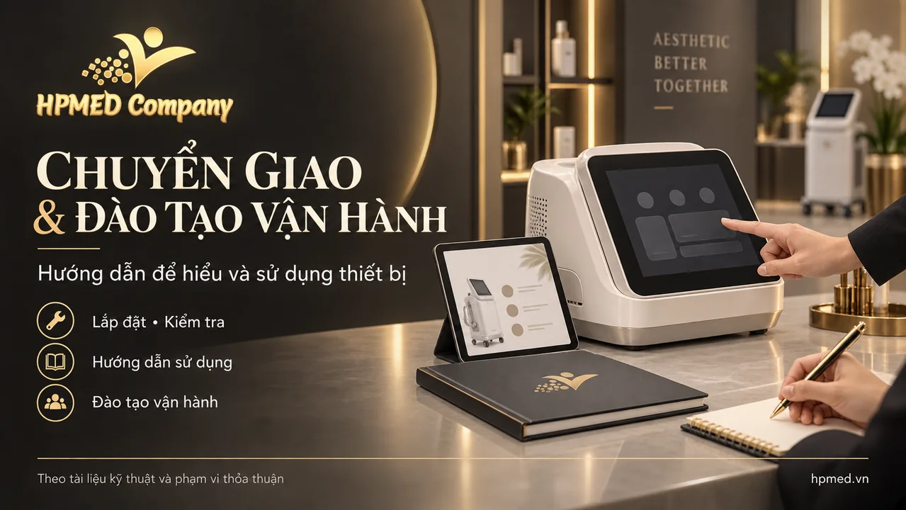 Minh họa hướng dẫn sử dụng và đào tạo vận hành thiết bị thẩm mỹ trong quá trình chuyển giao HPMED