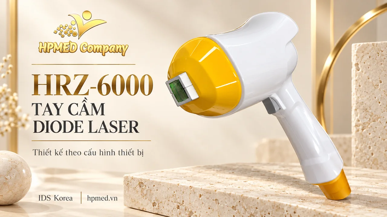 Tay cầm HRZ-6000 IDS màu trắng, đầu vàng và cửa sổ tiếp xúc hình chữ nhật trên nền đá ivory