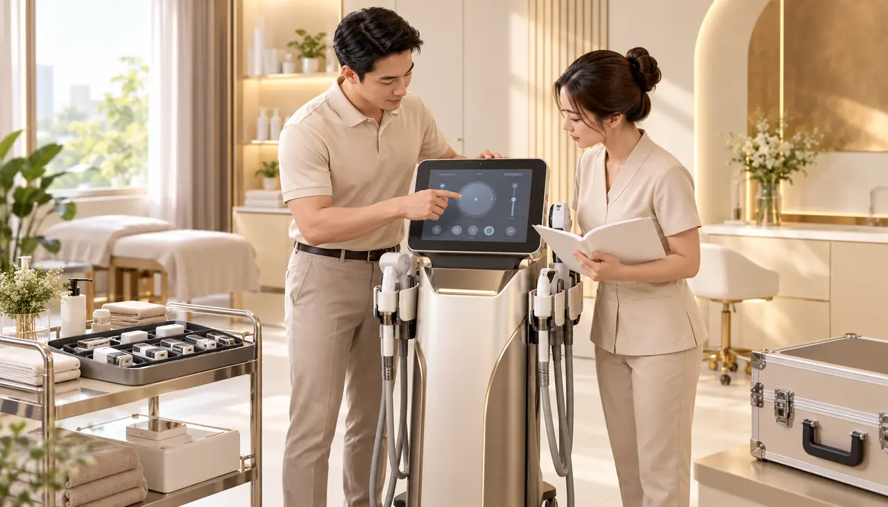 Minh họa hướng dẫn thao tác trên màn hình và kiểm tra phụ kiện thiết bị thẩm mỹ