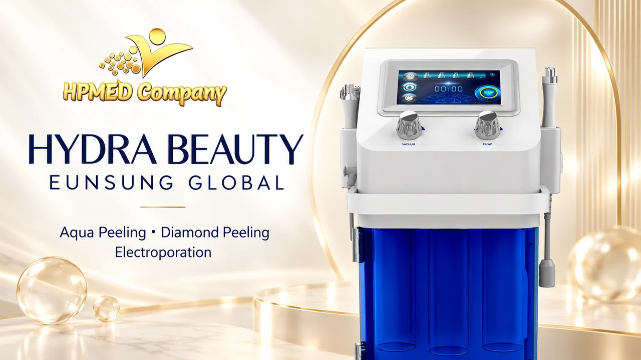 Máy Hydra Beauty Eunsung với bảng điều khiển trắng, hai núm chỉnh và khoang bình dung dịch màu xanh.