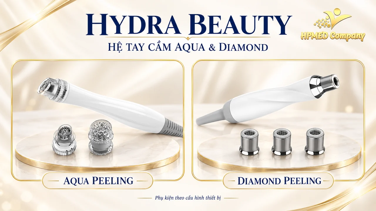 Hydra Beauty: Aqua, Diamond và electroporation 2 Tay cầm Aqua với hai đầu tip trong suốt và tay cầm Diamond với ba đầu kim cương của Hydra Beauty.