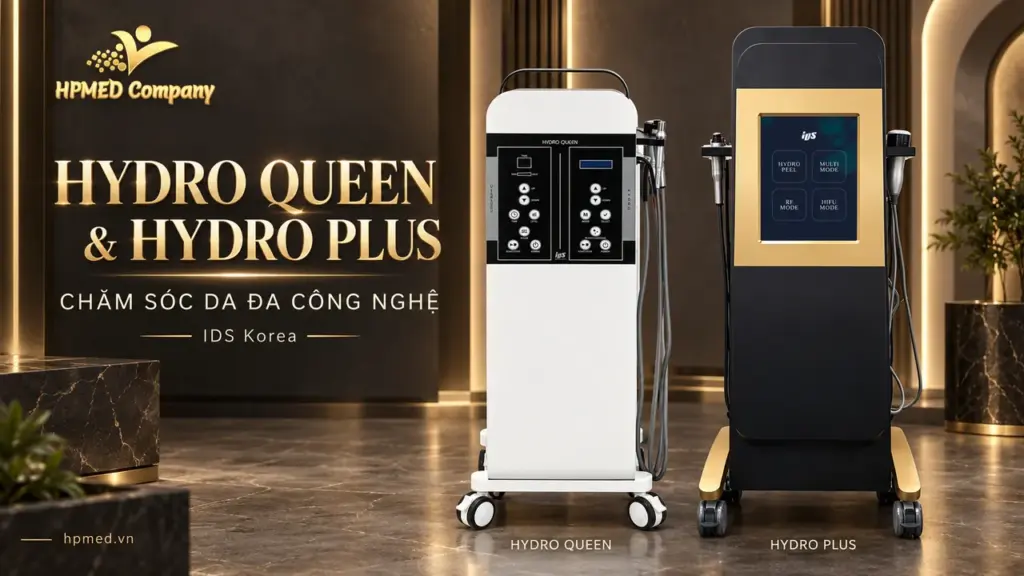 HYDRO QUEEN thân trắng bên trái và HYDRO PLUS thân đen vàng bên phải, thiết bị chăm sóc da IDS