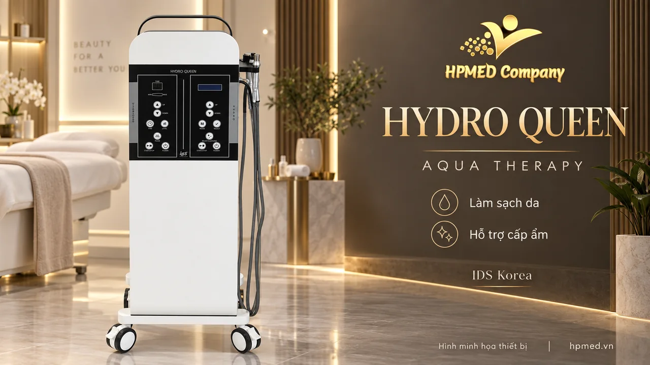 Máy HYDRO QUEEN IDS với bảng điều khiển hai cột, tay cầm bên hông và chân đế có bánh xe