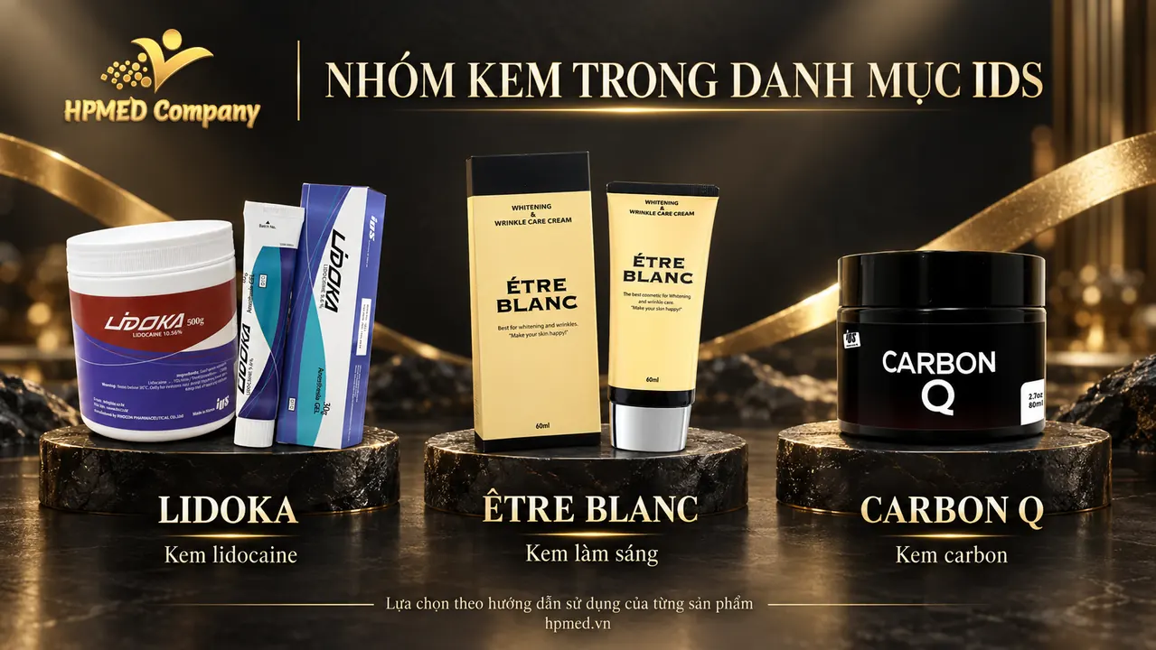 CONSUMABLES IDS: Danh mục sản phẩm tiêu hao cho cơ sở thẩm mỹ 2 LIDOKA kem lidocaine, ÊTRE BLANC kem làm sáng và CARBON Q kem carbon trong danh mục IDS