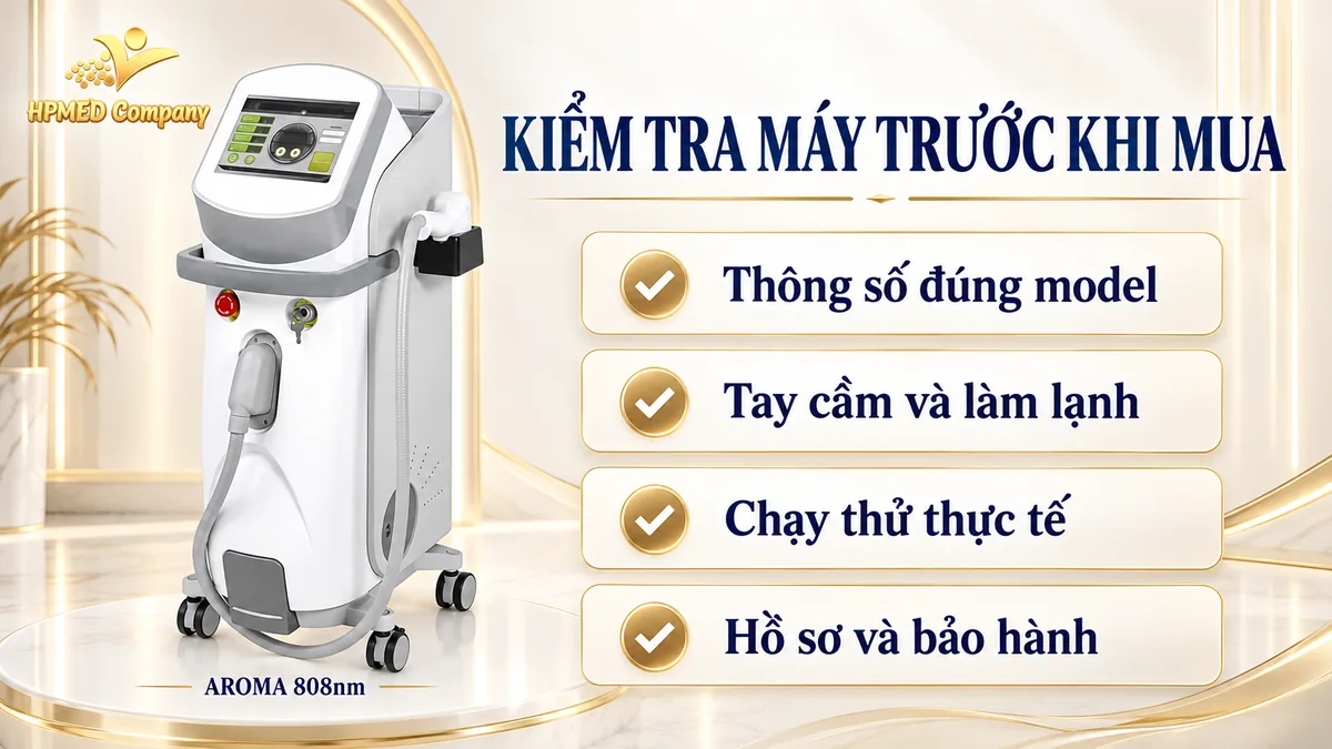 Minh họa máy AROMA 808nm và bốn tiêu chí kiểm tra Diode Laser: thông số, tay cầm và làm lạnh, chạy thử, hồ sơ và bảo hành
