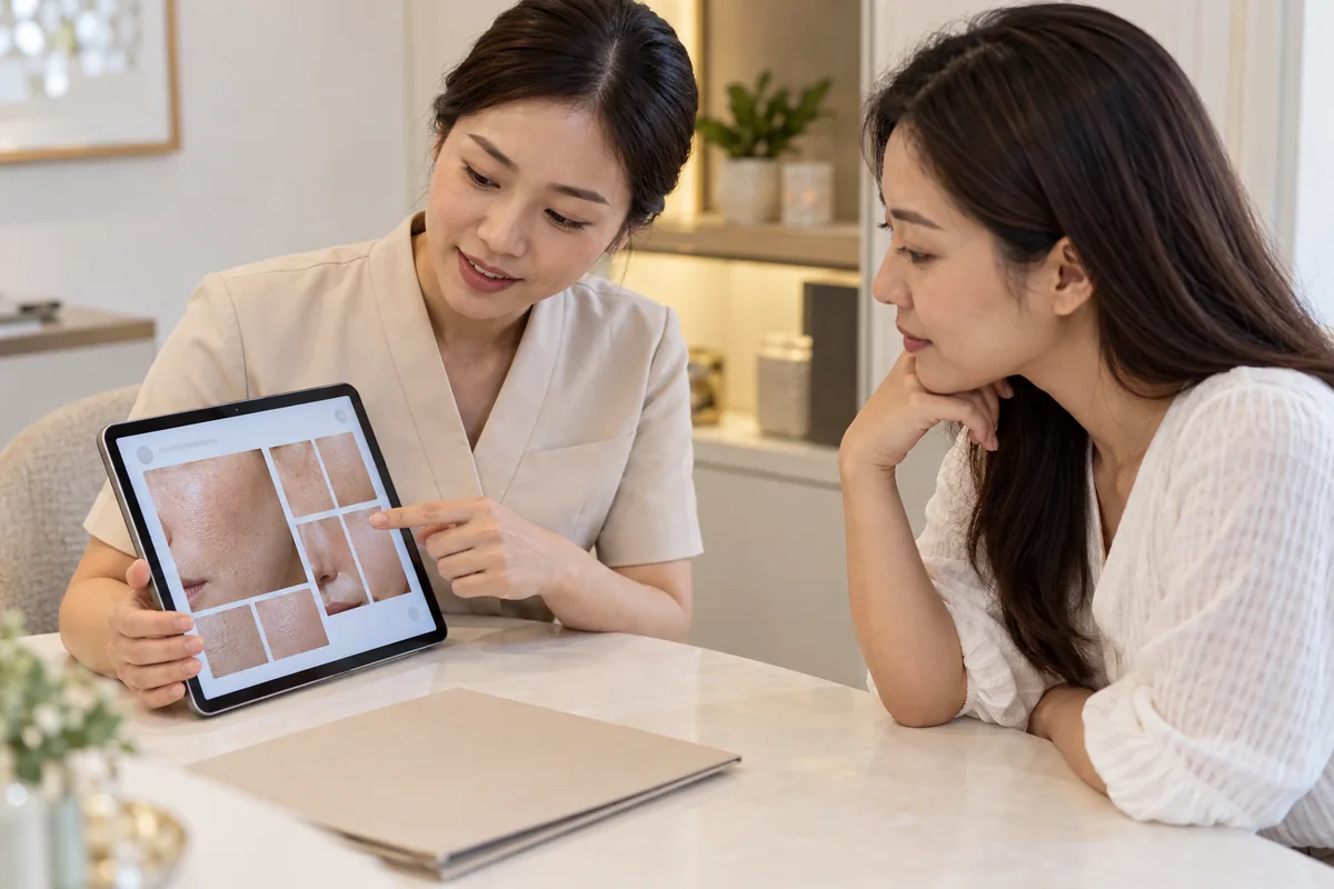 Minh họa chuyên viên cùng khách hàng xem lại hình ảnh từng vùng da trên máy tính bảng
