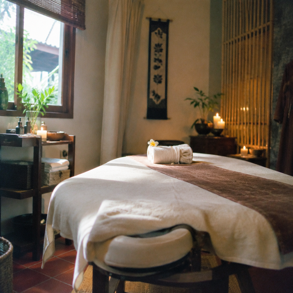 Kinh Nghiệm Thư Giãn Tại Spa Massage Nha Trang: Lựa Chọn Điểm Đến Hoàn Hảo 2 Phòng massage spa với giường, nến và hoa trang trí, tạo không gian thư giãn