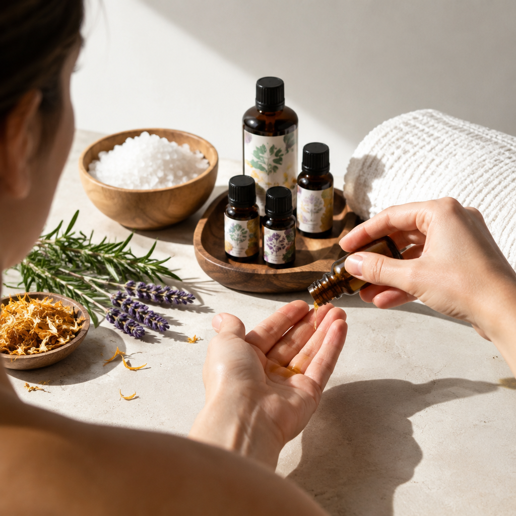 Kinh Nghiệm Thư Giãn Tại Spa Massage Nha Trang: Lựa Chọn Điểm Đến Hoàn Hảo 3 Các chai tinh dầu và hoa dùng trong liệu pháp spa massage, đặt trên khăn trắng
