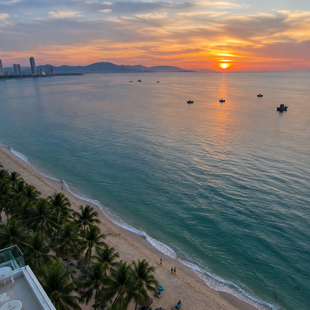Kinh Nghiệm Thư Giãn Tại Spa Massage Nha Trang: Lựa Chọn Điểm Đến Hoàn Hảo 4 Toàn cảnh bãi biển Nha Trang lúc hoàng hôn với cát vàng và những hàng dừa, phía xa là thành phố