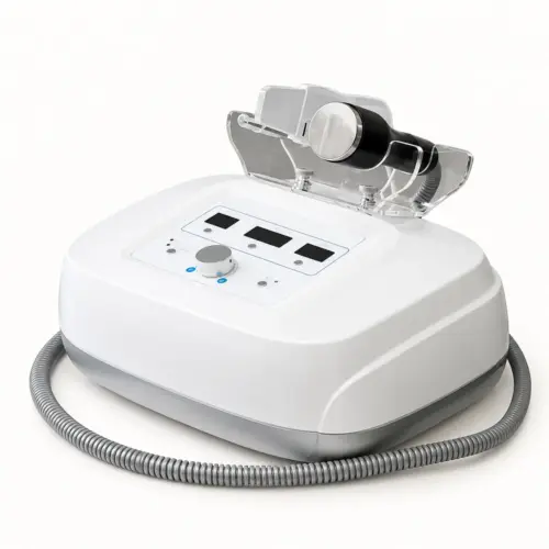 Máy điện di Cool Relax II CR-1000 màu trắng xám với đầu điện di trên giá đỡ acrylic