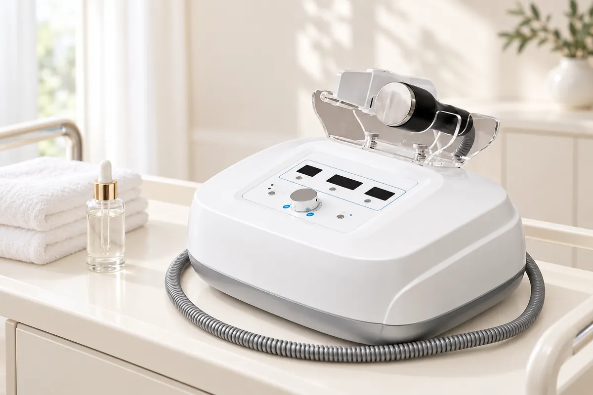 Máy điện di Cool Relax II để bàn với bảng điều khiển và tay cầm trên giá đỡ
