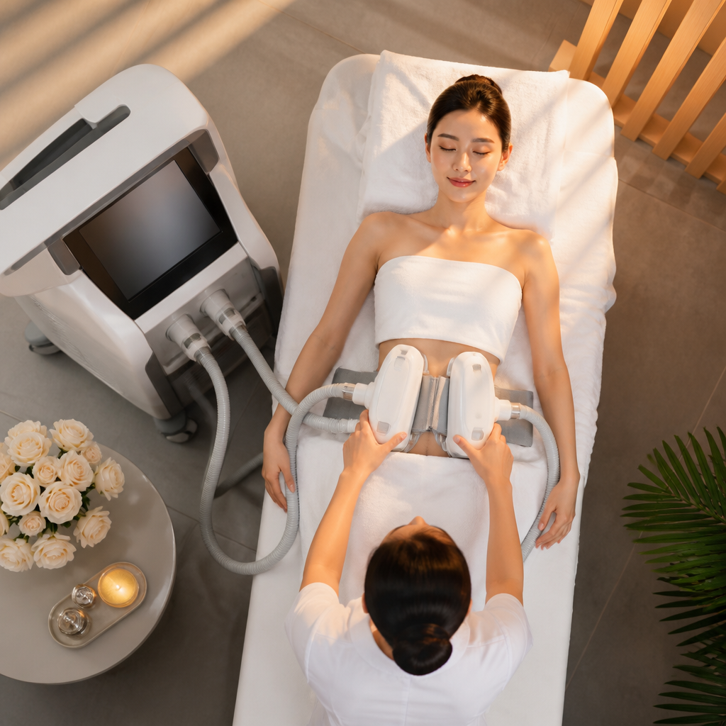 Máy giảm béo Cryolipolysis đang được sử dụng trên vùng bụng
