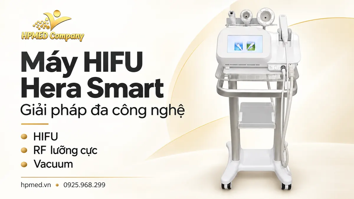 Máy Hera Smart màu trắng với các tay cầm, giới thiệu HIFU, RF lưỡng cực và Vacuum