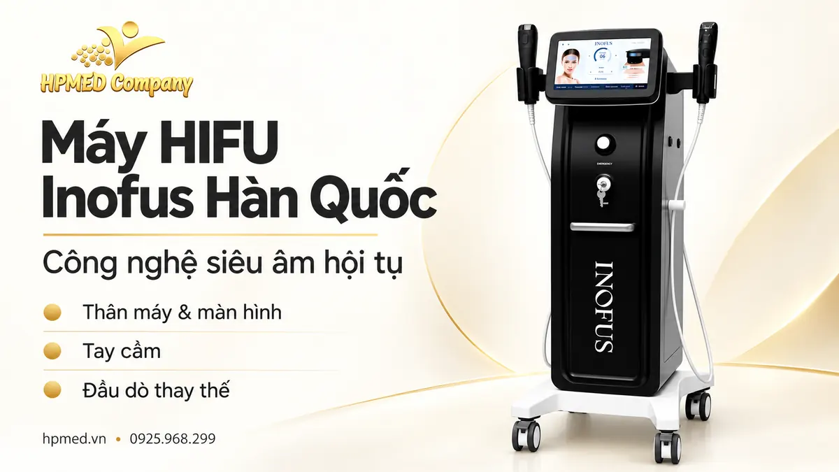 Máy HIFU Inofus màu đen với màn hình và hai tay cầm, thiết kế giới thiệu tại HPMED