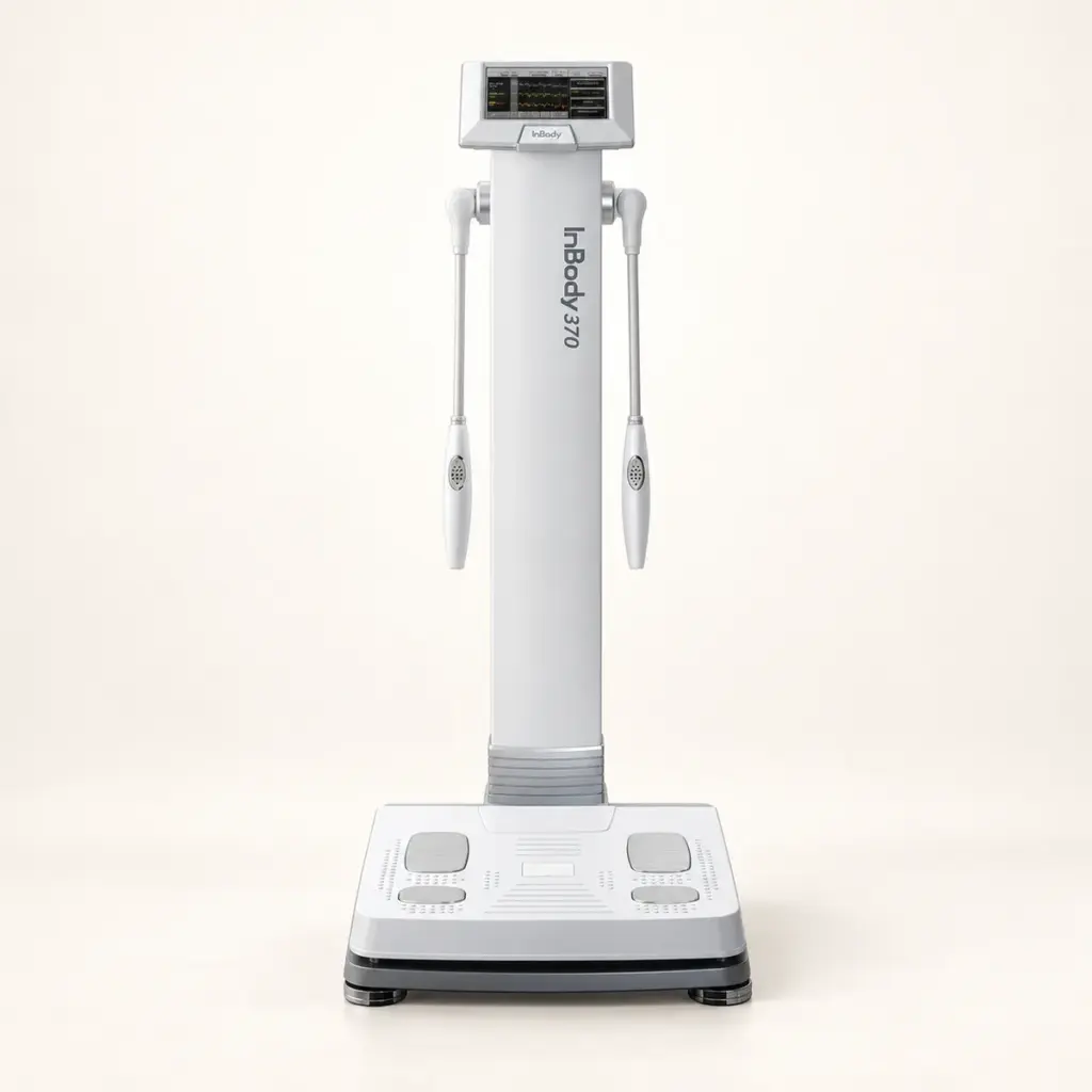 Máy InBody 370 màu trắng với màn hình, điện cực tay và bàn đo chân