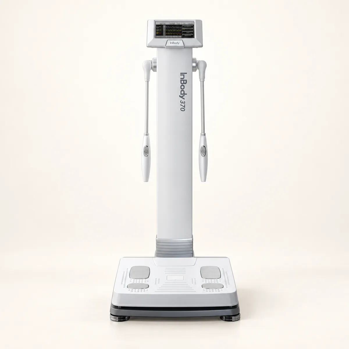 Máy InBody 370 màu trắng với màn hình, điện cực tay và bàn đo chân