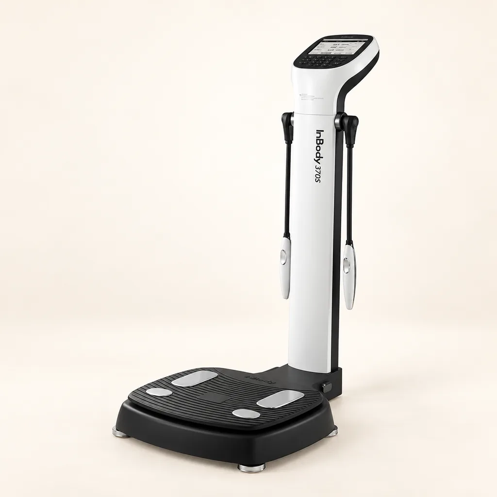 Máy InBody 370S Hàn Quốc 1 Máy InBody 370S màu trắng đen với tay cầm điện cực và bàn đo thành phần cơ thể