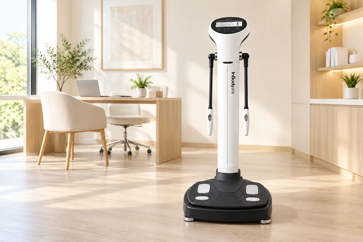 Máy InBody 570 với màn hình, điện cực tay và bàn đo chân trong không gian tư vấn