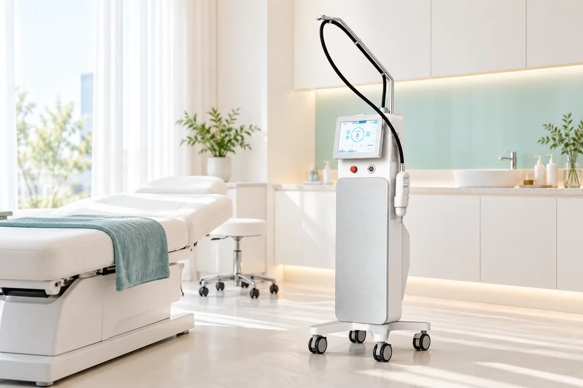Minh họa máy laser 1450nm Noable với màn hình điều khiển, tay cầm và chân đế bốn bánh xe.