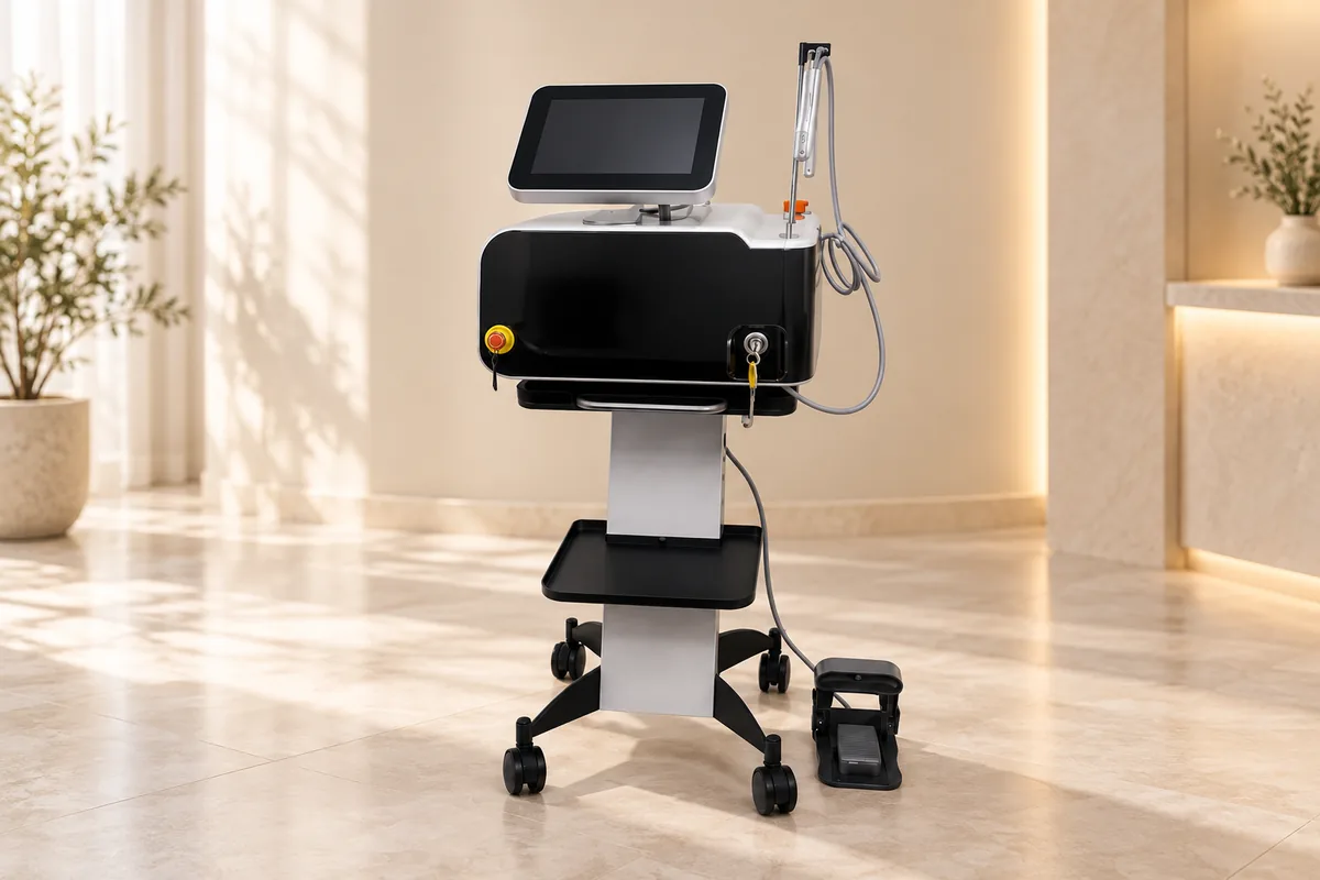Máy laser 980nm với màn hình, tay cầm sợi quang và bàn đạp trên xe đẩy