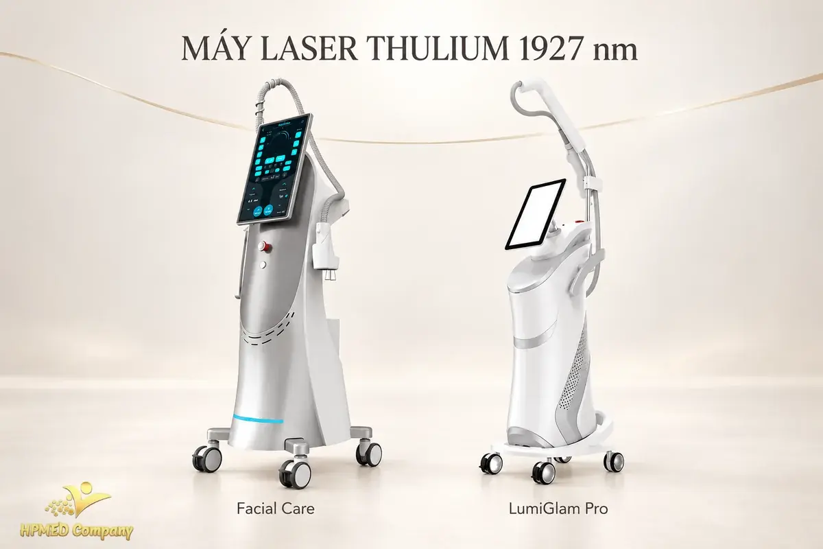 Hai mẫu máy laser Thulium trong danh mục HPMED: Facial Care bên trái và LumiGlam Pro bên phải