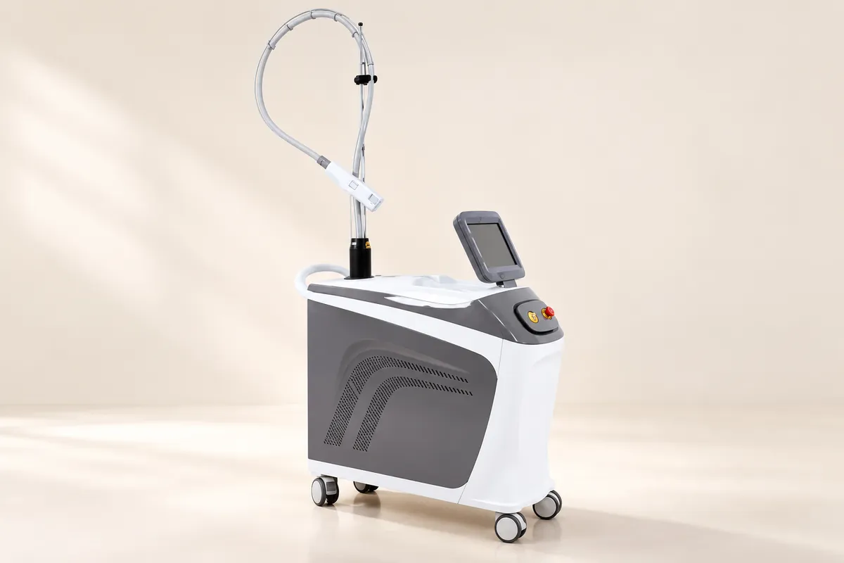 Máy laser xung dài ADSS 1064nm với màn hình điều khiển và tay cầm trên nền sáng
