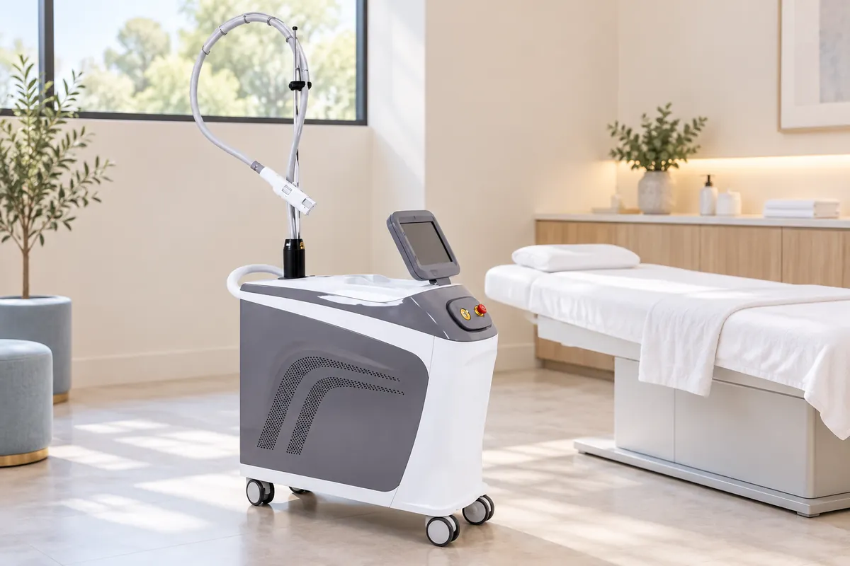 Máy laser xung dài ADSS đặt cạnh giường trong không gian phòng điều trị minh họa