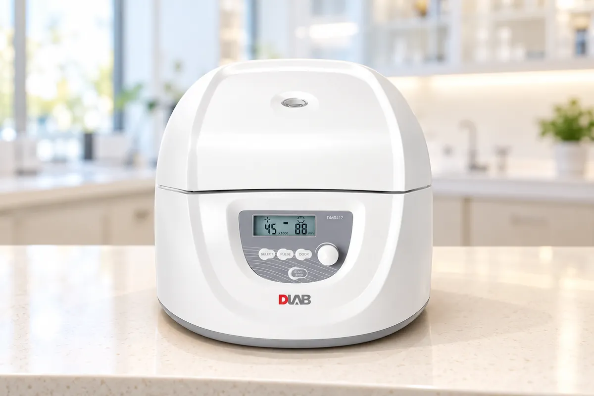 Máy ly tâm Dlab nắp đóng trên bàn thiết bị tại phòng khám