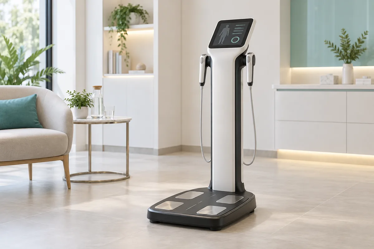 Minh họa máy phân tích chỉ số cơ thể BIA với tay cầm và điện cực bàn chân