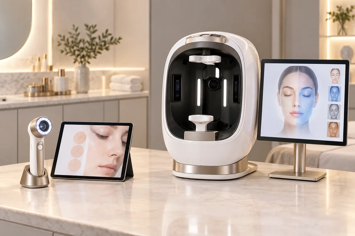Minh họa thiết bị soi da cầm tay đặt cạnh máy phân tích da để bàn và màn hình