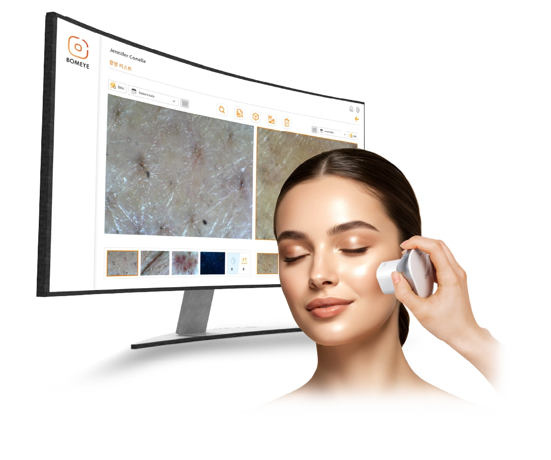 BOM EYE Bomtech và hình minh họa quan sát da trên trang sản phẩm gốc