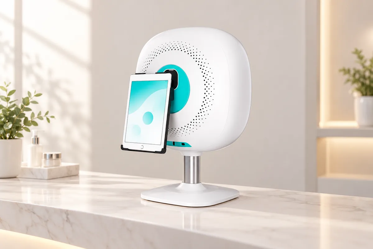 Minh họa máy soi da Detector với thân máy trắng, giá đỡ iPad và chân đế trên bàn tư vấn