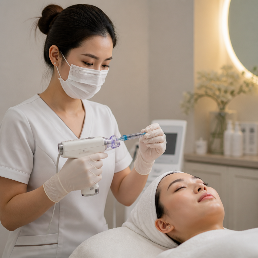 Chuyên viên thẩm mỹ đang sát khuẩn vùng da mặt trước khi thực hiện liệu trình tiêm meso.