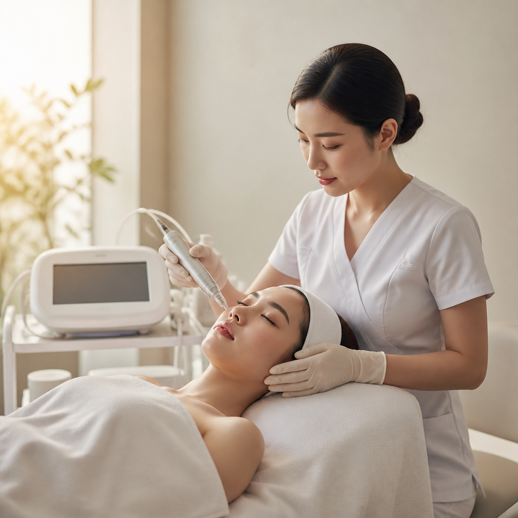 Chuyên viên thẩm mỹ đang thực hiện tiêm meso với thiết bị chuyên dụng trên da khách hàng.