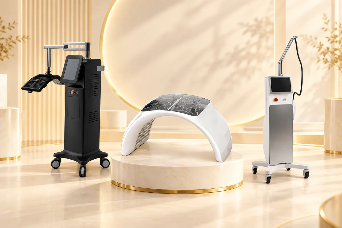 Minh họa máy PDT ADSS, vòm LED IDEAL và laser 1450 nm Noable trong danh mục máy trị mụn HPMED