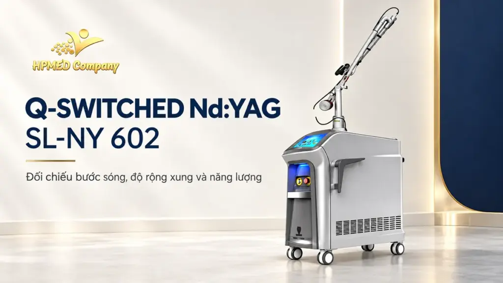 Máy laser Q-Switched Nd:YAG SL-NY 602 với thân máy bạc và cánh tay dẫn tia
