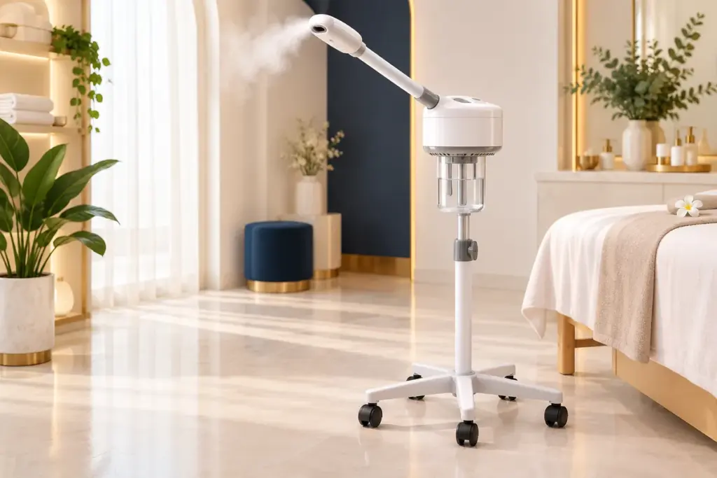 Máy xông mặt cho spa: Cách chọn, bố trí và kiểm tra trước mua 8 Minh họa máy xông mặt có bình chứa nước và chân đế bánh xe