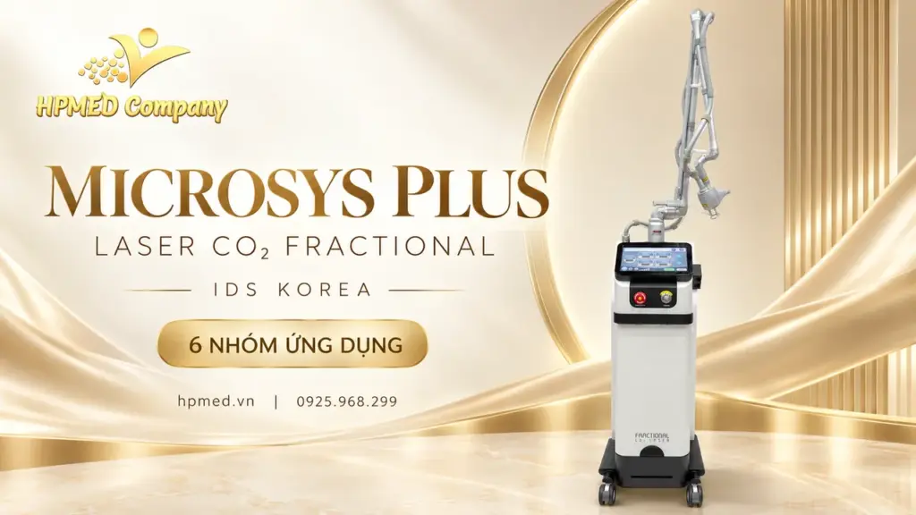 Máy laser CO2 fractional MICROSYS PLUS IDS trên nền vàng champagne với logo HPMED