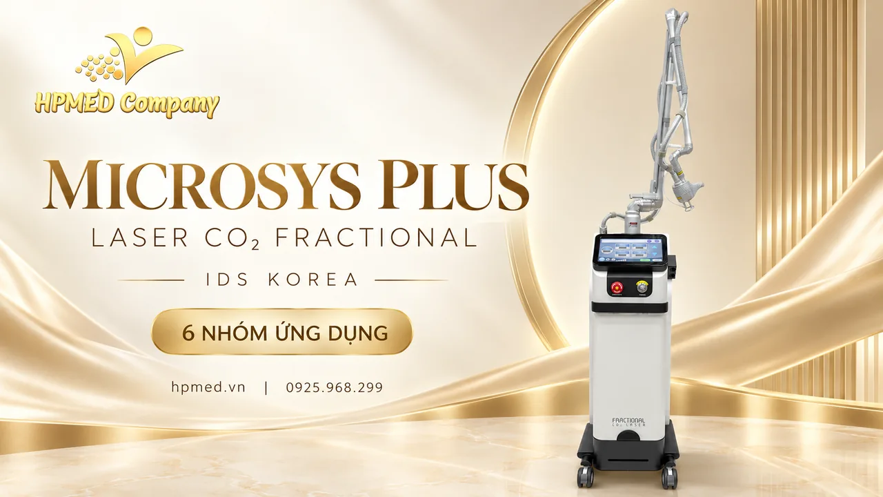 Máy laser CO2 fractional MICROSYS PLUS IDS trên nền vàng champagne với logo HPMED