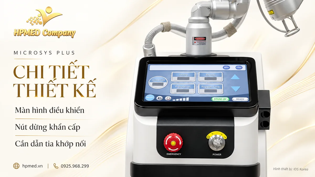 Màn hình, nút dừng khẩn cấp và cần dẫn tia của máy MICROSYS PLUS IDS