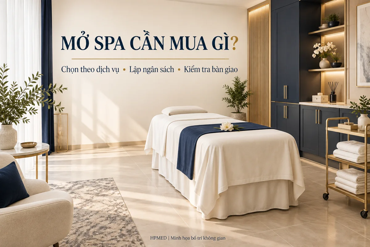 Minh họa bố trí phòng spa với giường chăm sóc, xe đẩy khăn và tủ lưu trữ