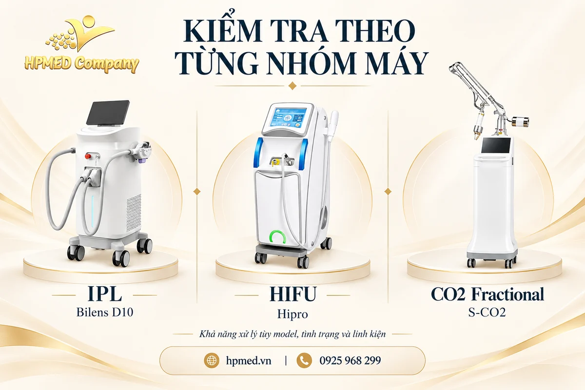 Máy IPL Bilens D10, HIFU Hipro và laser CO2 Fractional S-CO2 minh họa các nhóm thiết bị tiếp nhận kiểm tra